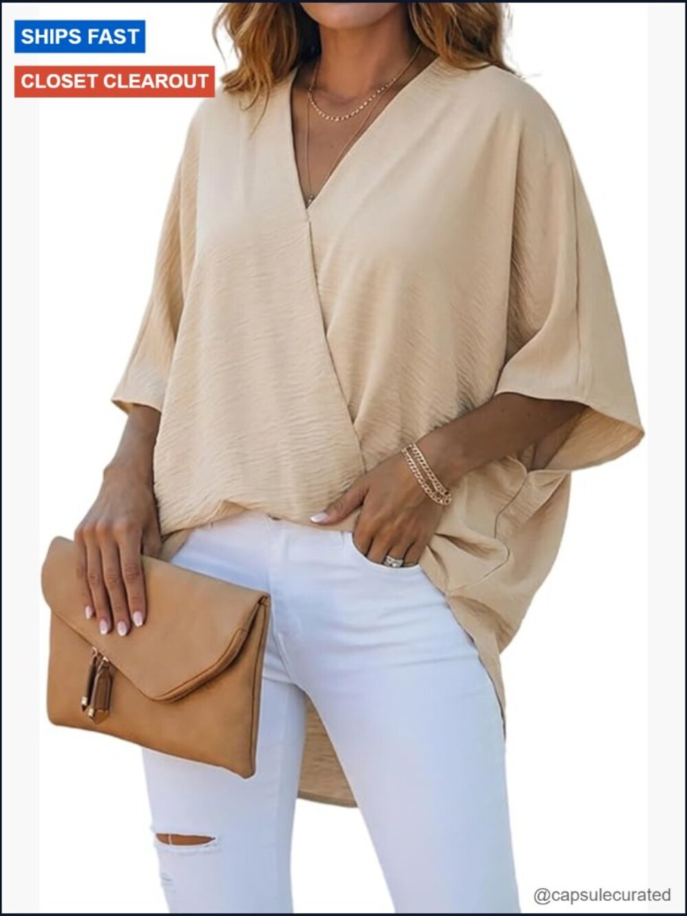 Women's V-Neck Batwing Sleeve High-Low Hem Blouse Casual Loose Fit Ruched Top